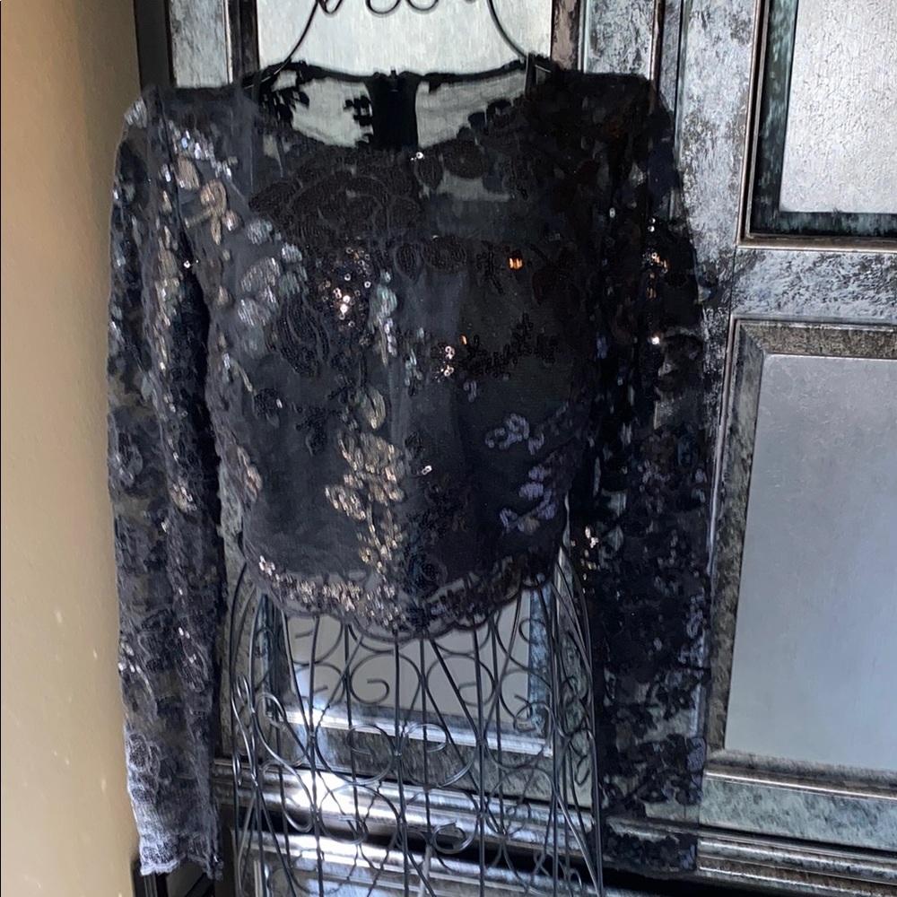 Beautiful Black Lace with Sequins Cropped Top
